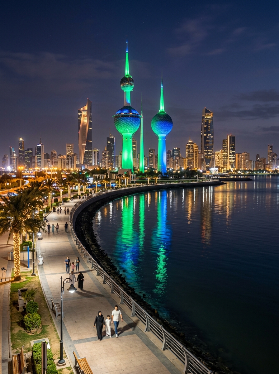 Kuwait Towers illuminated against the evening skyline, Kuwait City