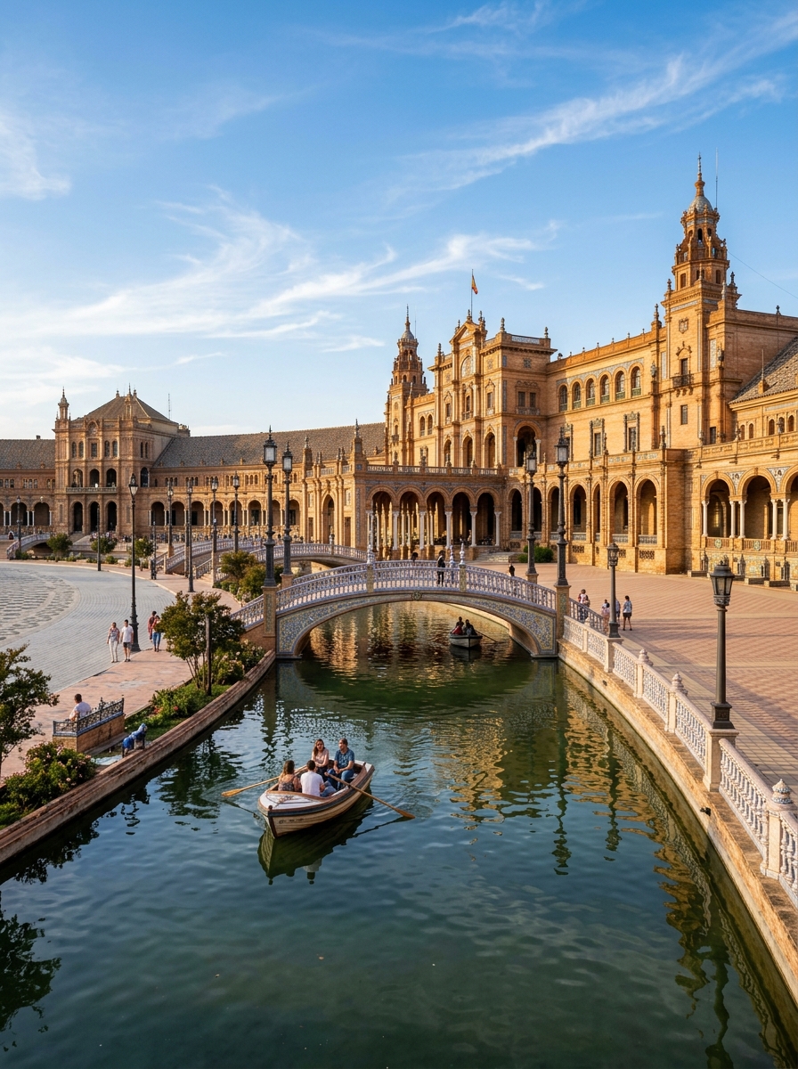 Grand Plaza de España and ornate canal bridges in Seville, Spain