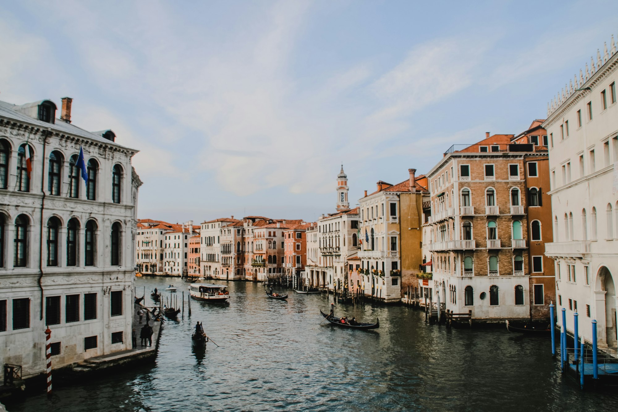 Grand Canal with gondolas and historic Venetian palaces in Venice, Italy